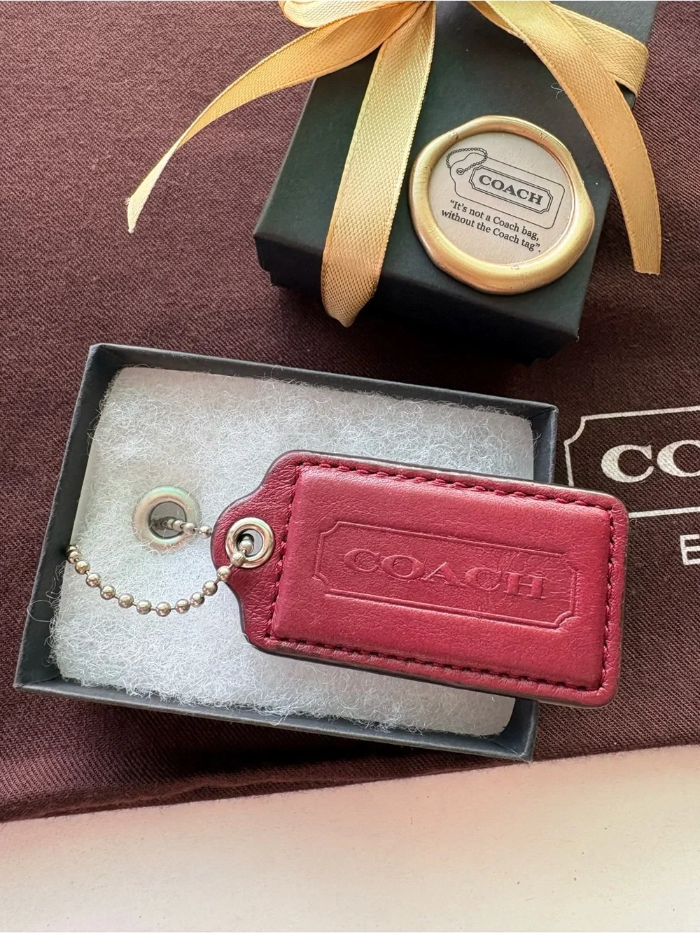 Y2K Large 2.5” Coach Burgundy Oxblood Leather Vintage Hang Tag Bag Charm Key Fob